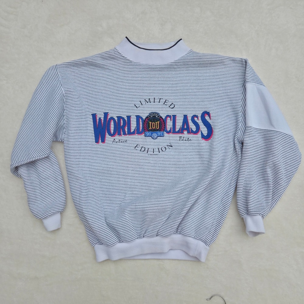 IOU Unisex Sweatshirt World Class Edition S White Striped Poly Cotton Vintage